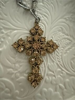 Gold-Tone Cross Pendant Necklace with Champagne Crystal Accents